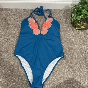 PINK Victorias Secret Swimsuit One Piece Plunge Floral Appliqué Halter S New